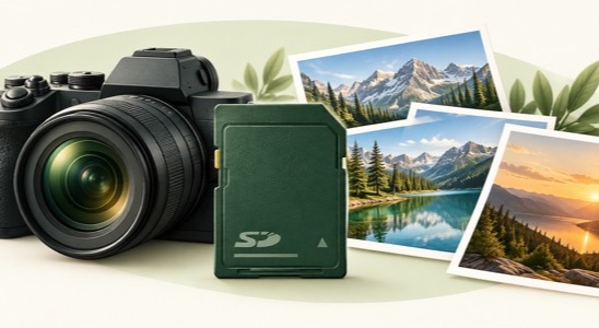 Camera, SD memory card and photographs of mountain lakes and a sunset