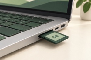 SD memory card inserted into a laptop card reader